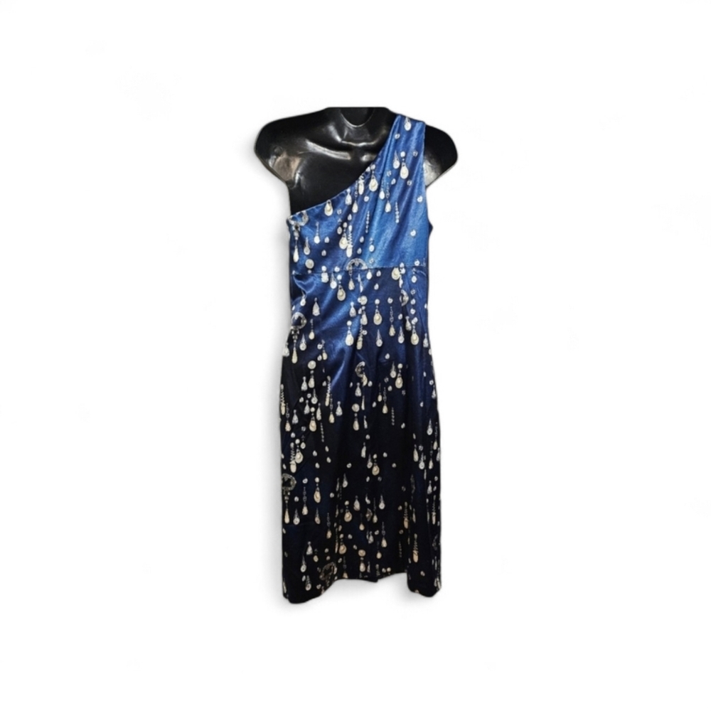 David Meister Blue Pearl Satin One Shoulder Sheath Cocktail Dress Jewel Print 6 - Picture 2 of 13